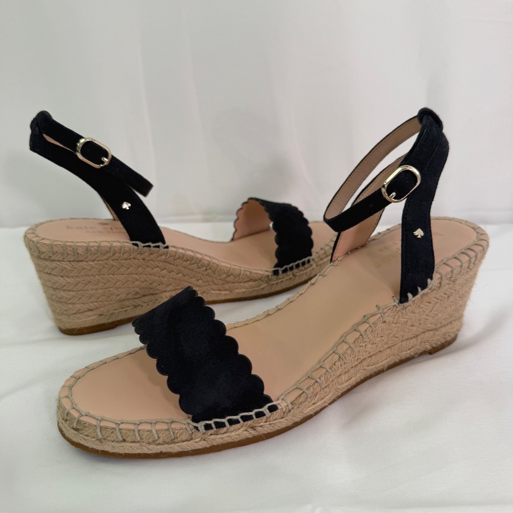 Kate Spade Black Suede Scalloped Espadrille Wedge Sandals Women 7.5 Ankle Strap